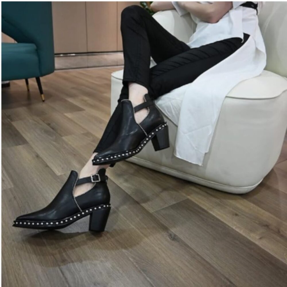 Black Women Studded Mid Chunky Heeled Ankle Boot Almond Toe Buckle Strap Boot